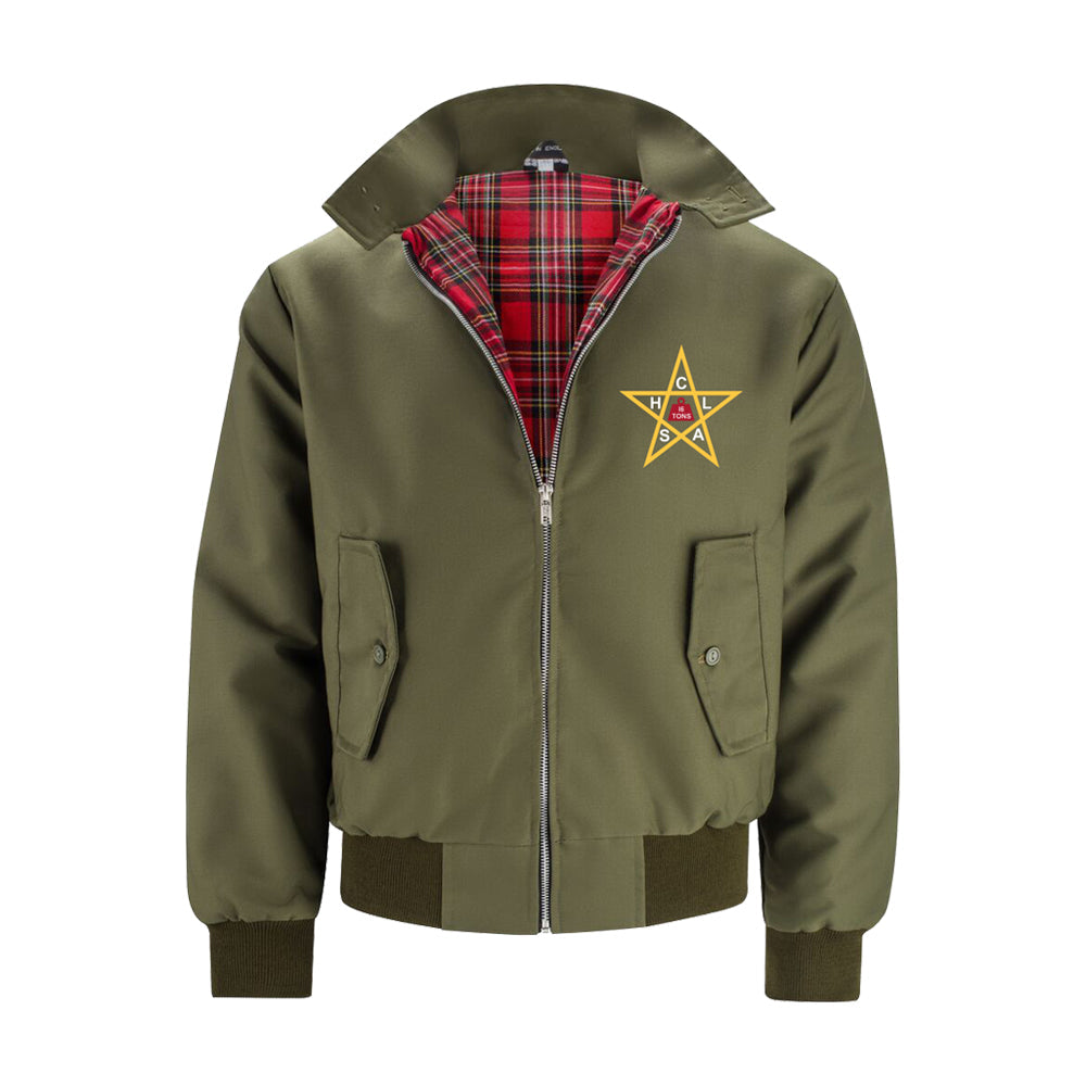 The Clash Olive harrington jacket with red harrington lining and 5 point yellow embroidered star on right breast