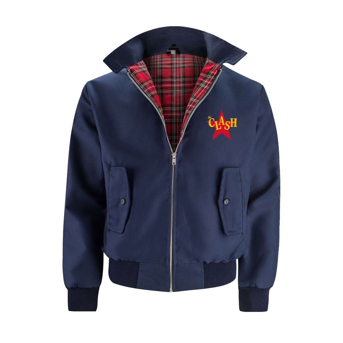 Navy Harrington jacket with red harrington lining and red star with yellow the clash logo 