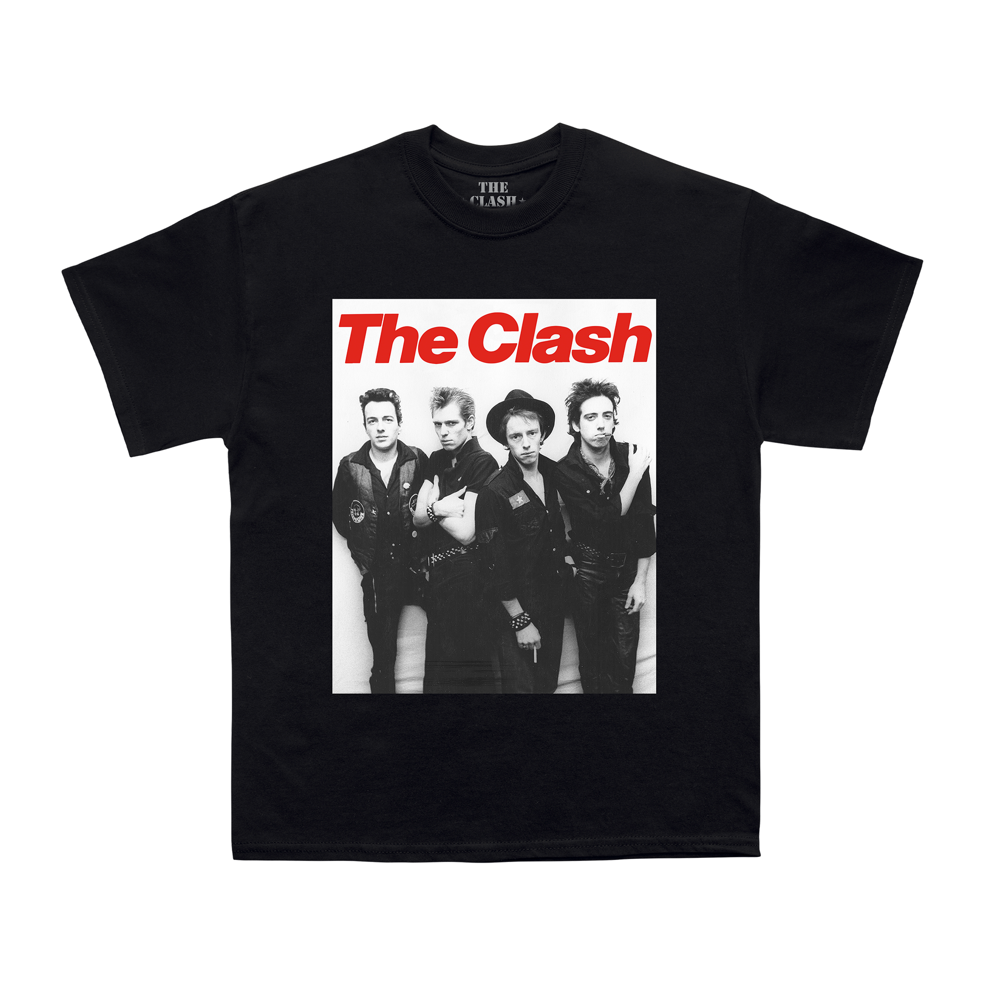 Black Unisex TShirt with The Clash band image and logo in red