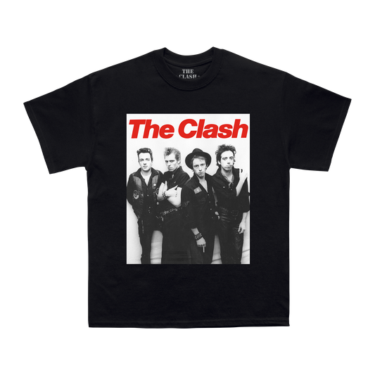 Black Unisex TShirt with The Clash band image and logo in red