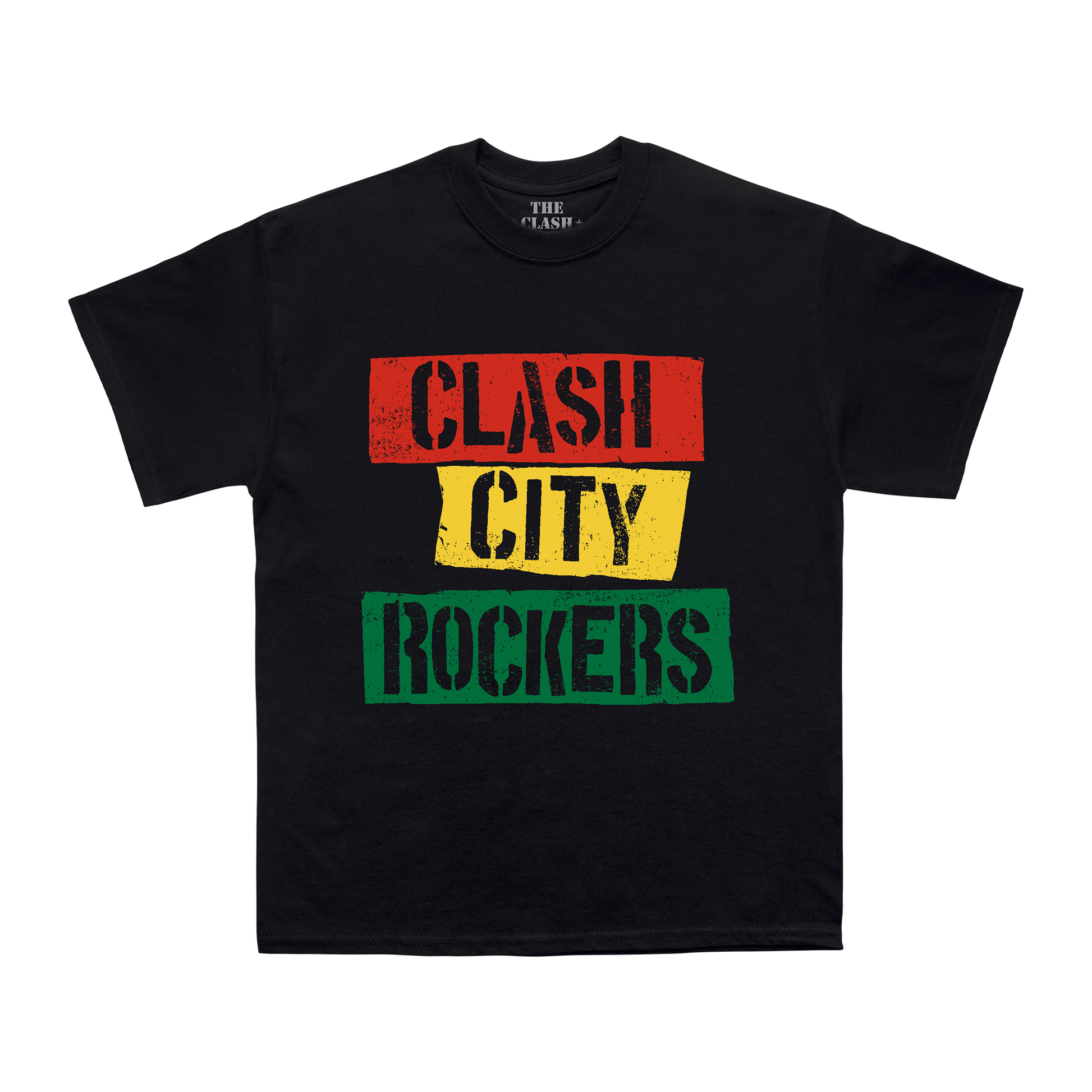 Black Unisex TShirt with Clash City Rockers text on front with red yellow and green back ground