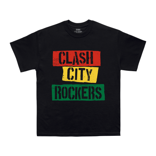 Black Unisex TShirt with Clash City Rockers text on front with red yellow and green back ground