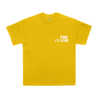 yellow Unisex TShirt with the clash logo in white on front and black star on back in circle