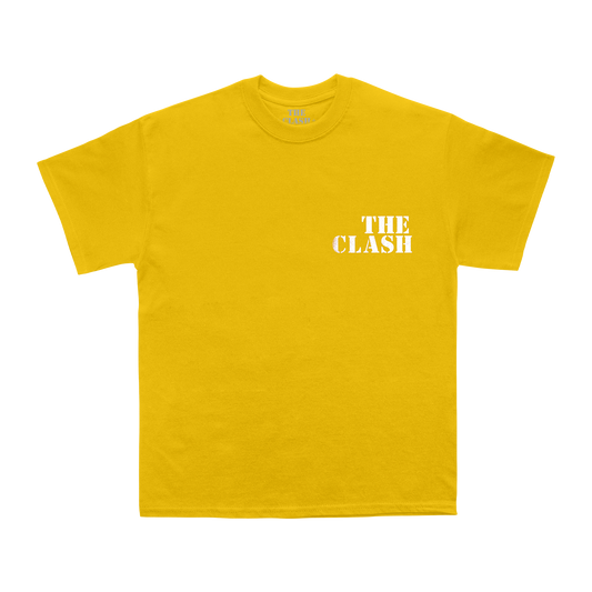 yellow Unisex TShirt with the clash logo in white on front and black star on back in circle