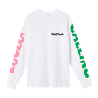 White Unisex longsleeve with london calling text on either arm in pink and green and the clash logo in black on top right breast, london calling image on back