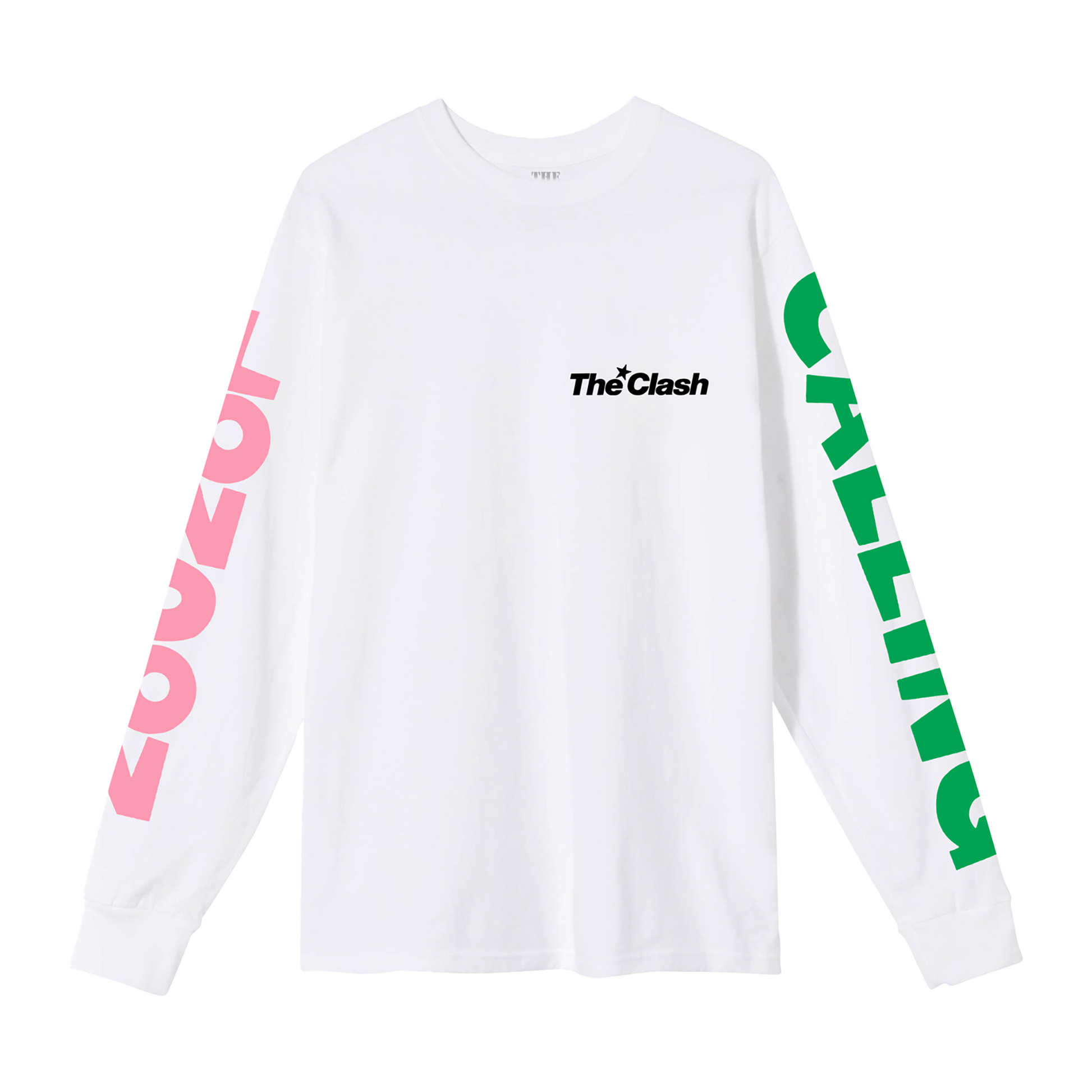 White Unisex longsleeve with london calling text on either arm in pink and green and the clash logo in black on top right breast, london calling image on back