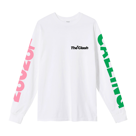 White Unisex longsleeve with london calling text on either arm in pink and green and the clash logo in black on top right breast, london calling image on back