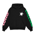 Black Unisex hoodie with white star on top right breast, london in pink on left sleeve and calling in green on right sleeve and black london calling image on back