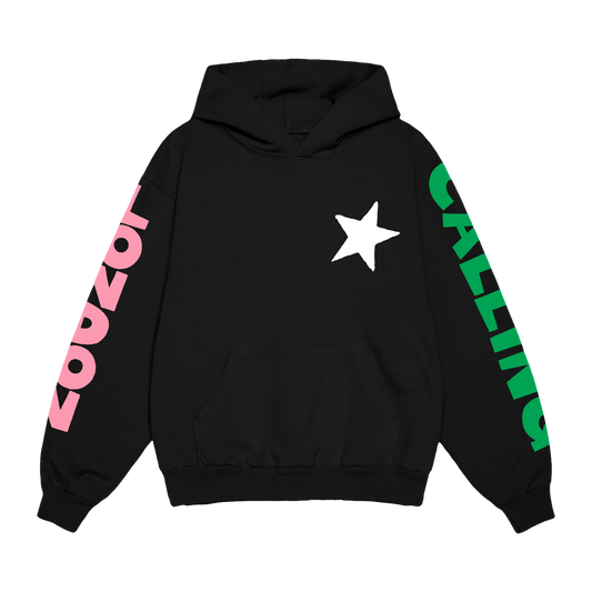 Black Unisex hoodie with white star on top right breast, london in pink on left sleeve and calling in green on right sleeve and black london calling image on back