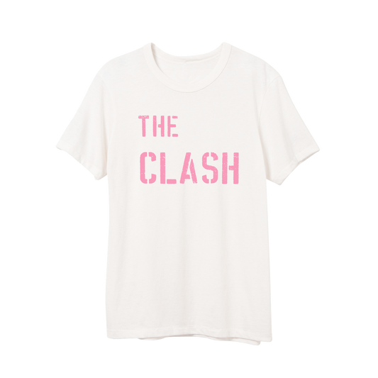 White Unisex tee with pink stencil the clash logo