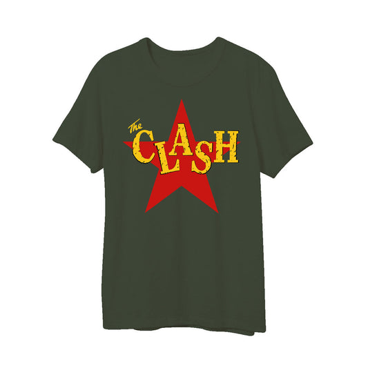 olive unisex tee with the clash logo in yellow and red star 