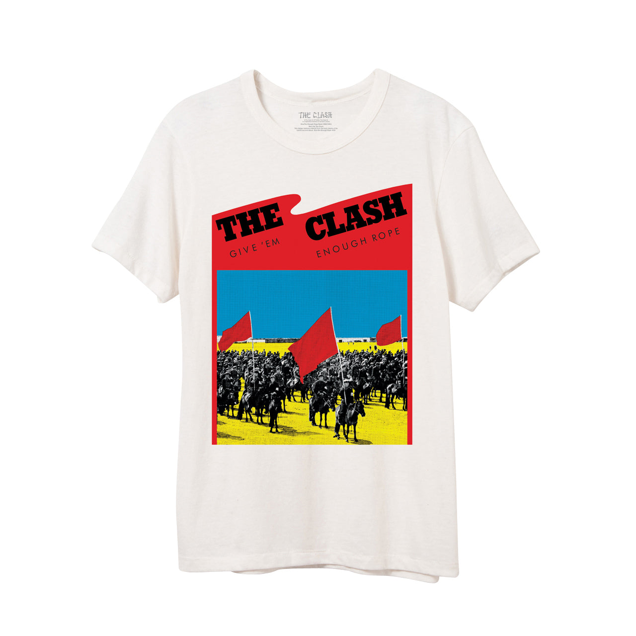 white unisex tee with give em enough rope print in red black yellow and blue